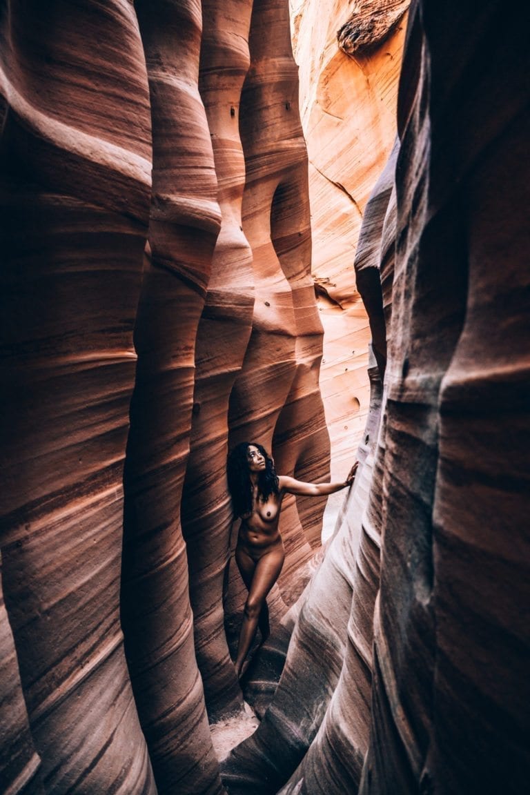 A nude woman explores Zebra Canyon for Dylan H Brown nude series, Impermanence