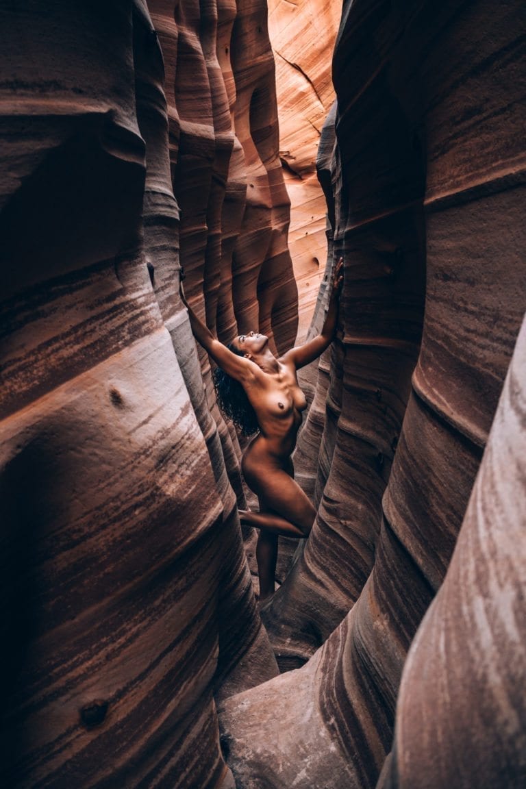 A nude woman poses in Zebra Canyon for Dylan H Brown nude series, Impermanence