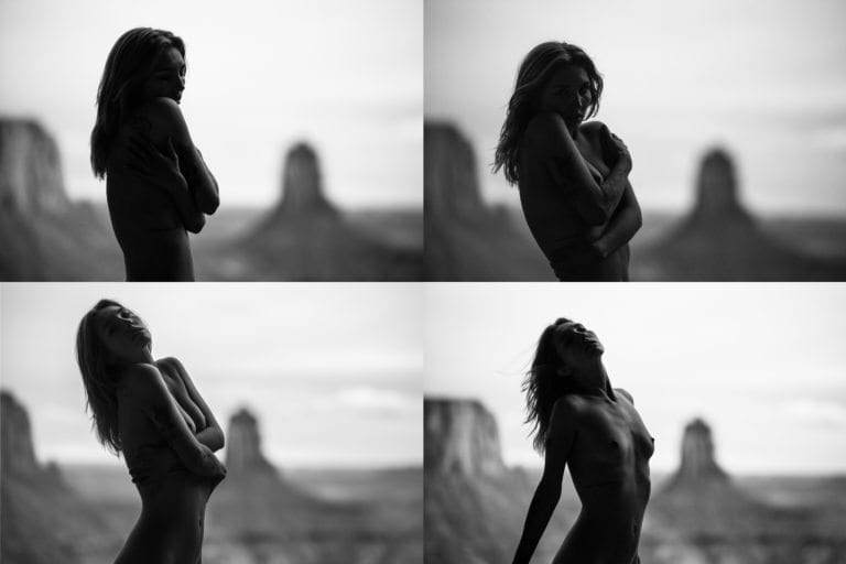 A series of black and white nude shots of a woman in the desert