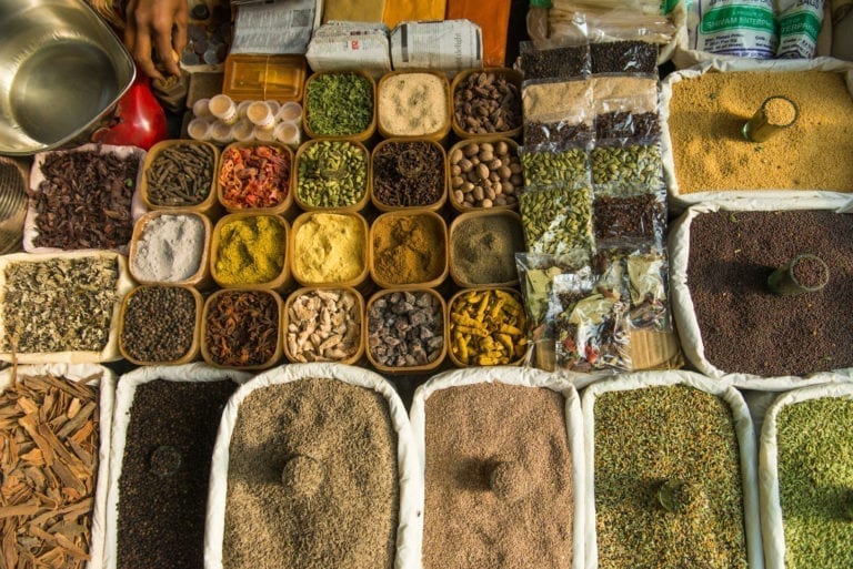 An indian spice kiosk in New Delhi, India