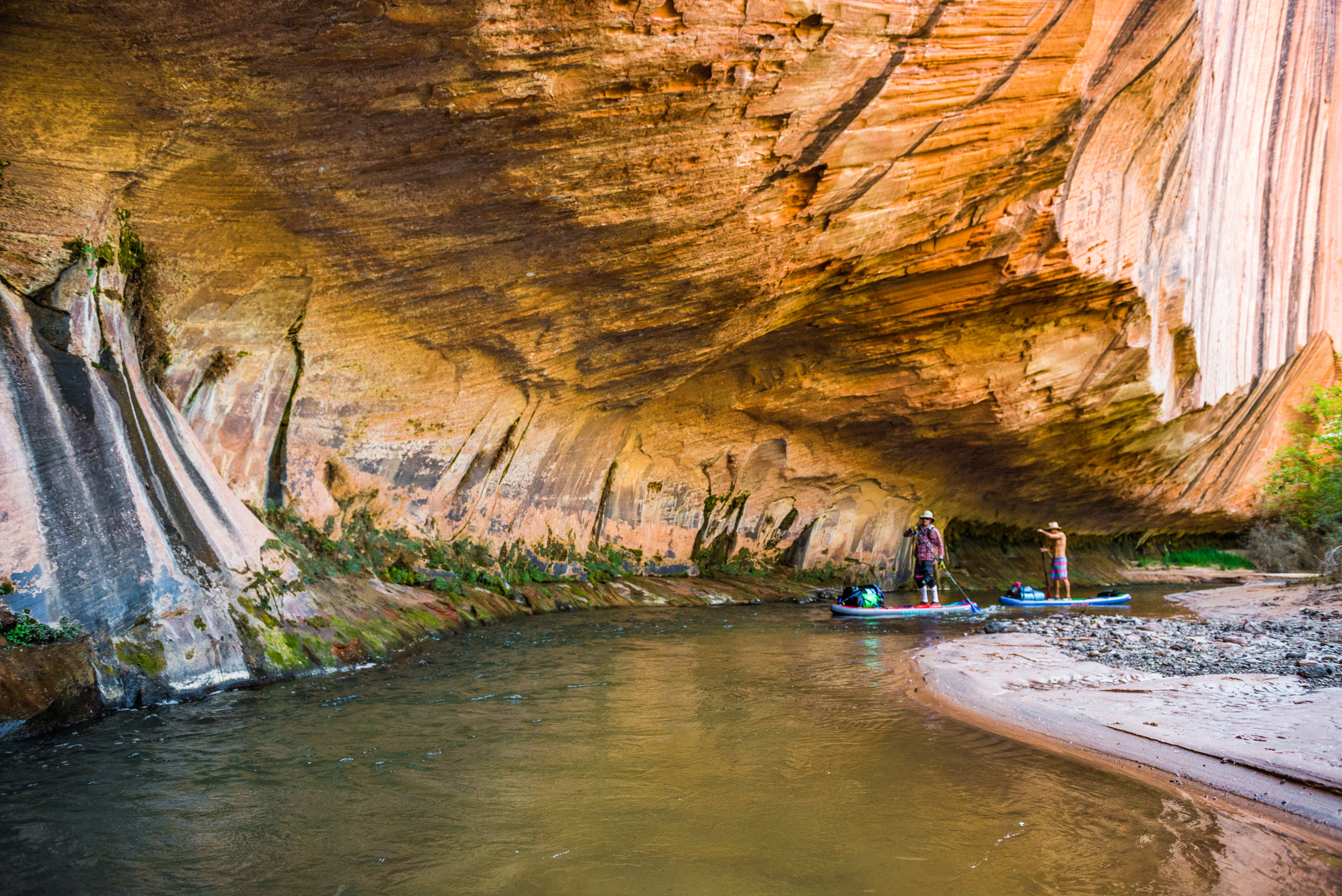 Two paddleboarders on a Hala Straight Up and a Hala Hoss paddle down the upper sections of the Escalante River in southern Utah.